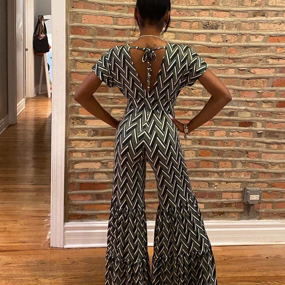 Army green jumpsuit with bell legs
